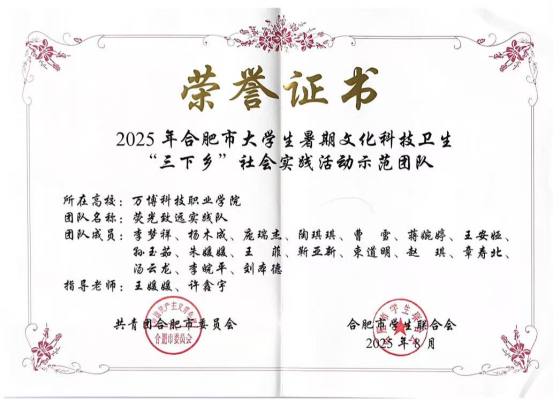 万博科技职业学院“荧光致远”实践队荣获合肥市“三下乡”社会实践示范团队